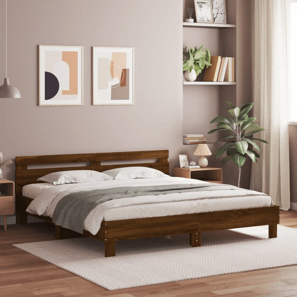 vidaXL Bed Frame with Headboard and LED Lighting Brown Oak Look