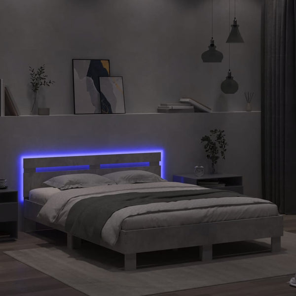 vidaXL Bed Frame with Headboard LED Lighting Concrete Grey 150x200 cm