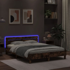 vidaXL Bed Frame with Headboard LED Lighting Smoked Oak 150x200cm