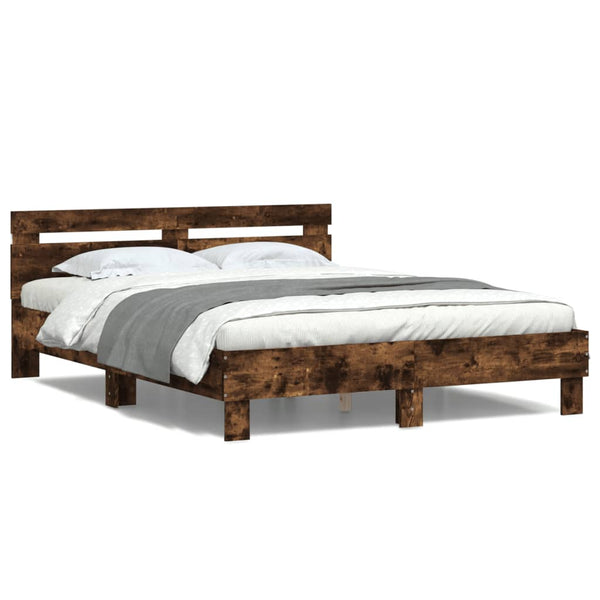 vidaXL Bed Frame with Headboard LED Lighting Smoked Oak 150x200cm
