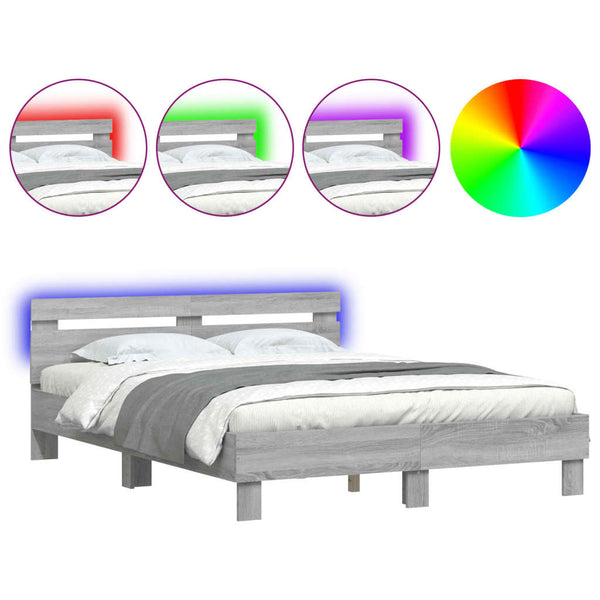 vidaXL Bed Frame with Headboard LED Lighting Grey Sonoma 150x200 cm