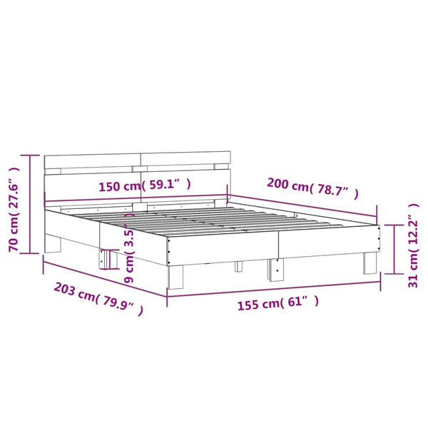 vidaXL Bed Frame with Headboard LED Lighting Grey Sonoma 150x200 cm