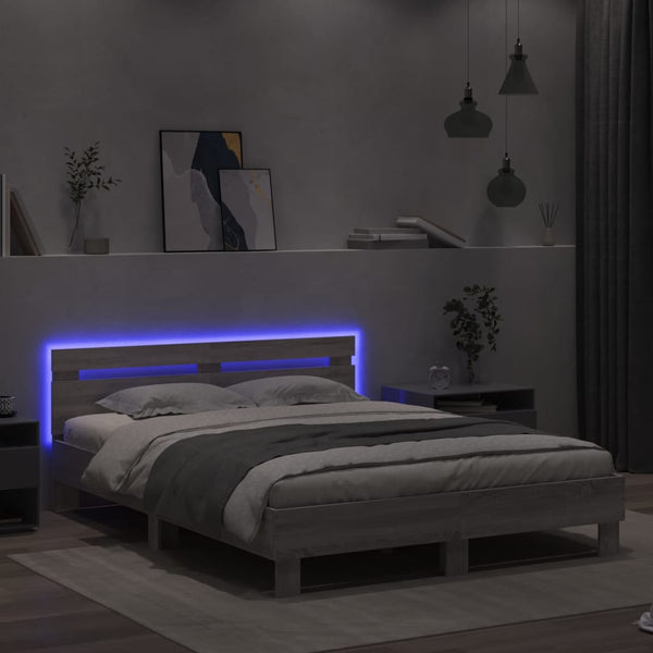 vidaXL Bed Frame with Headboard LED Lighting Grey Sonoma 150x200 cm