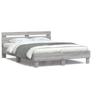 vidaXL Bed Frame with Headboard LED Lighting Grey Sonoma 150x200 cm
