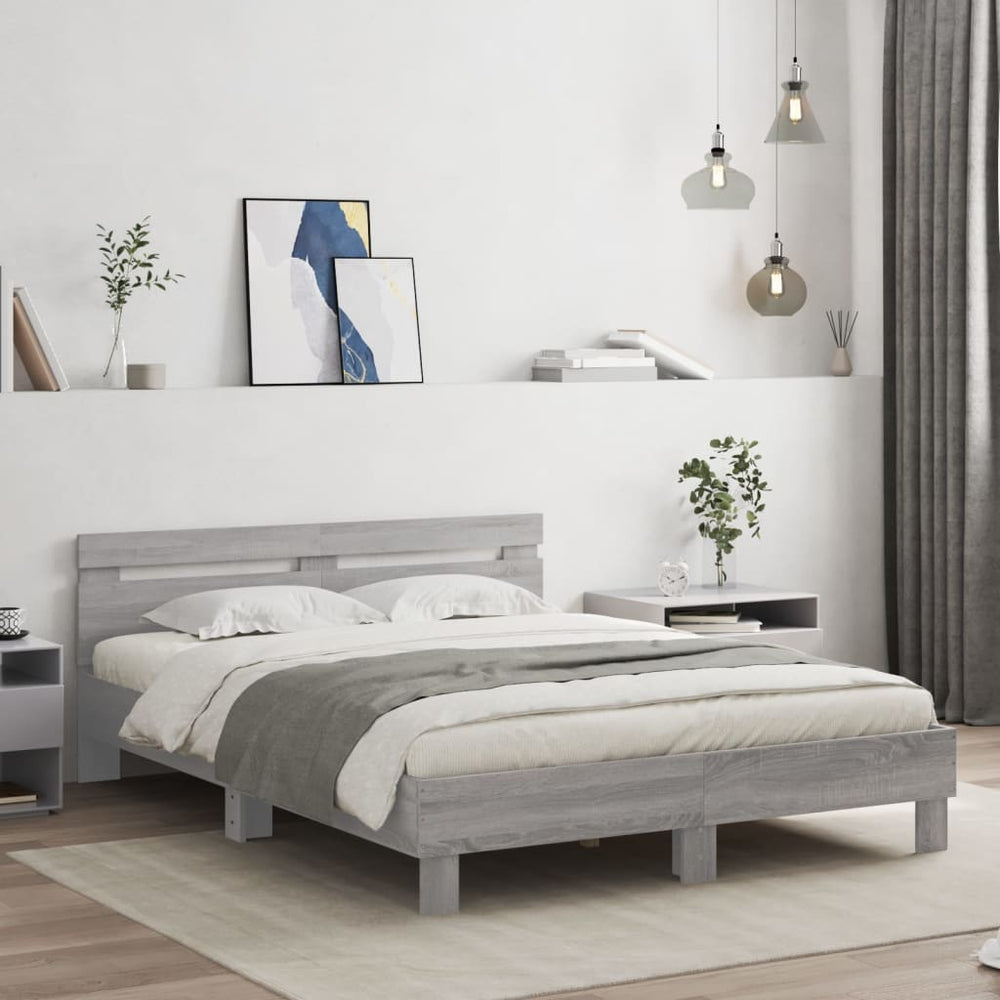 vidaXL Bed Frame with Headboard LED Lighting Grey Sonoma 150x200 cm