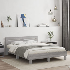vidaXL Bed Frame with Headboard LED Lighting Grey Sonoma 150x200 cm