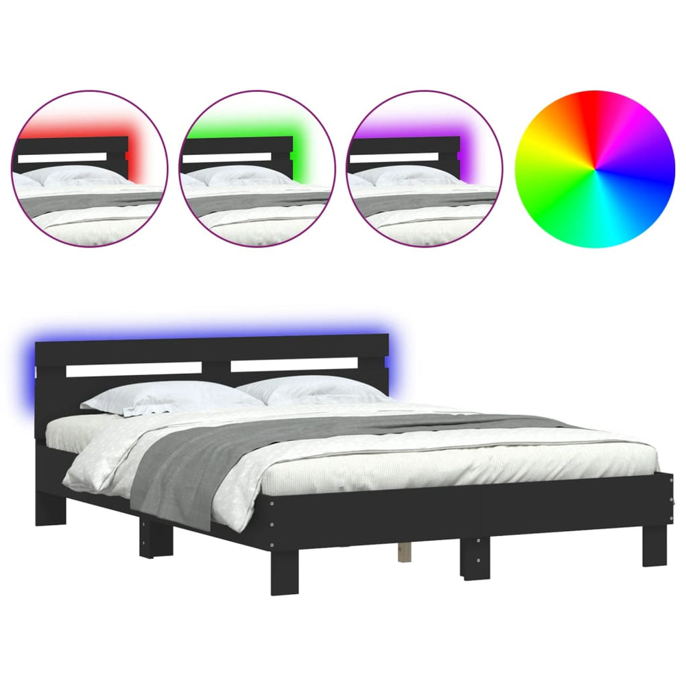 vidaXL Bed Frame with Headboard LED Light Black 140x200 cm