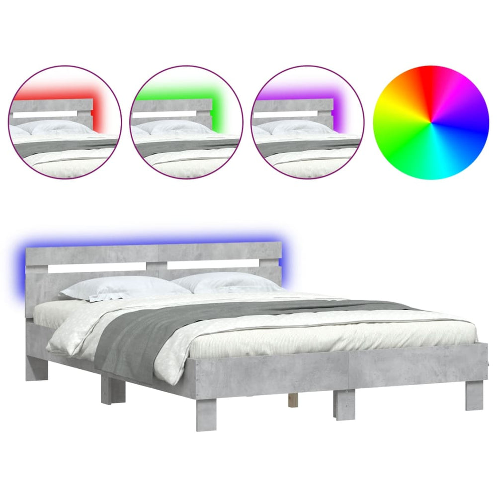 vidaXL Bed Frame with Headboard LED Lighting Concrete Grey 140x200 cm