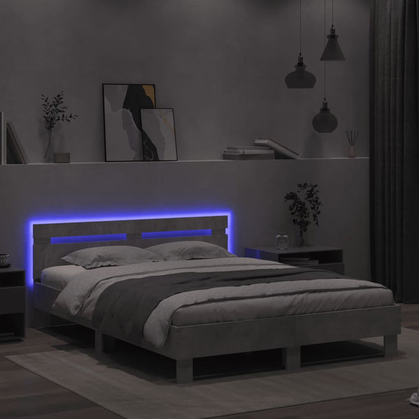 vidaXL Bed Frame with Headboard LED Lighting Concrete Grey 140x200 cm
