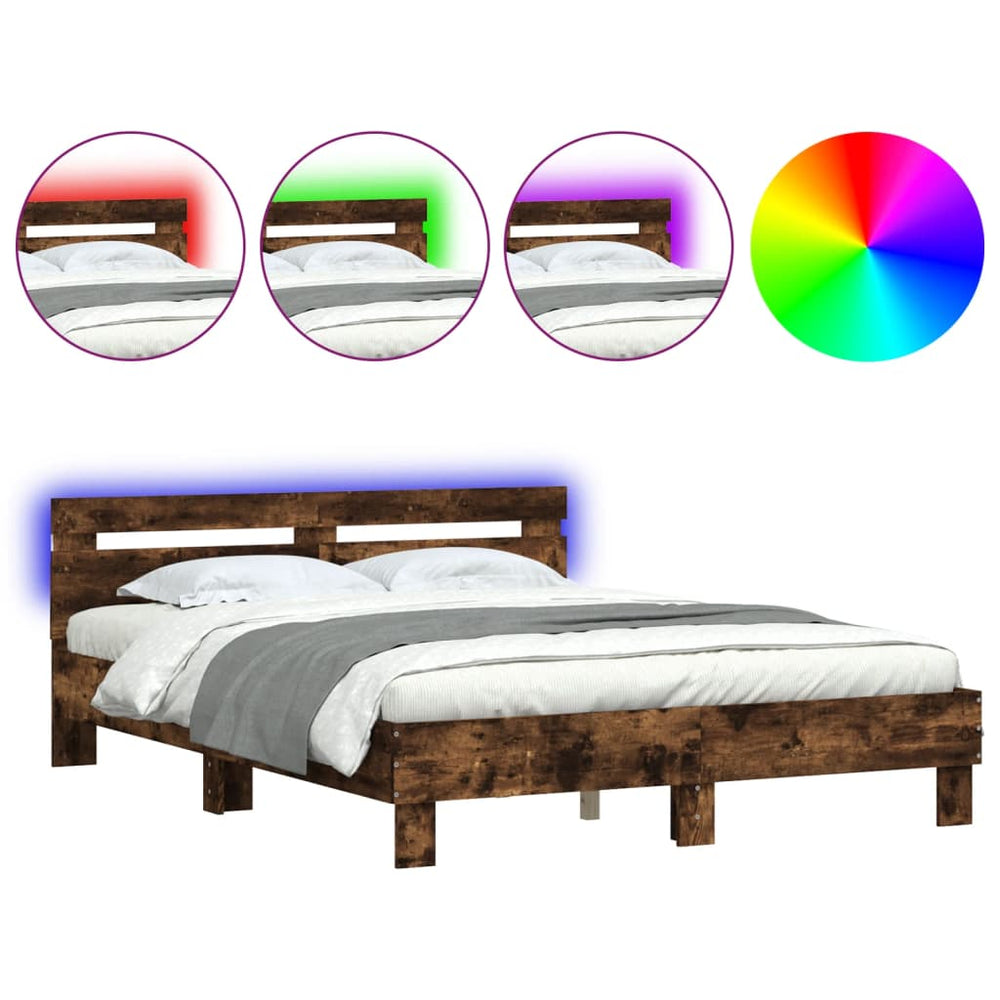 vidaXL Bed Frame with Headboard LED Lighting Smoked Oak 140x200 cm