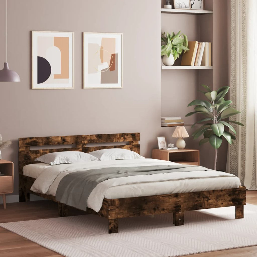 vidaXL Bed Frame with Headboard LED Lighting Smoked Oak 140x200 cm