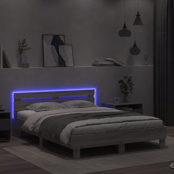 vidaXL Bed Frame with Headboard LED Lighting Grey Sonoma 140x200 cm