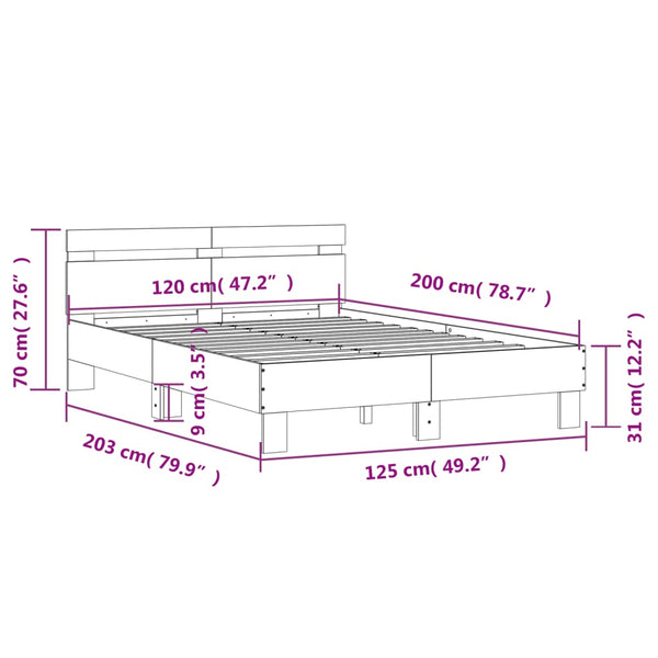 vidaXL Bed Frame with Headboard LED Lighting Concrete Gray 120x200 cm
