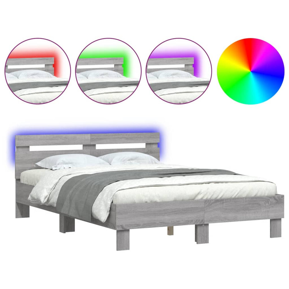 vidaXL Bed Frame with Headboard LED Lighting Grey Sonoma 120x200 cm