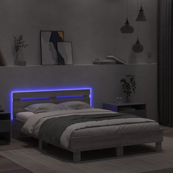 vidaXL Bed Frame with Headboard LED Lighting Grey Sonoma 120x200 cm