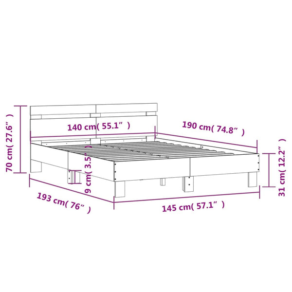 vidaXL Bed Frame with Headboard LED Smoked Oak 140x190cm