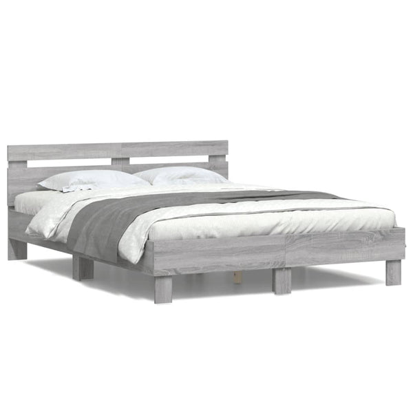 vidaXL Bed Frame with Headboard LED Lighting Grey Sonoma 140x190 cm