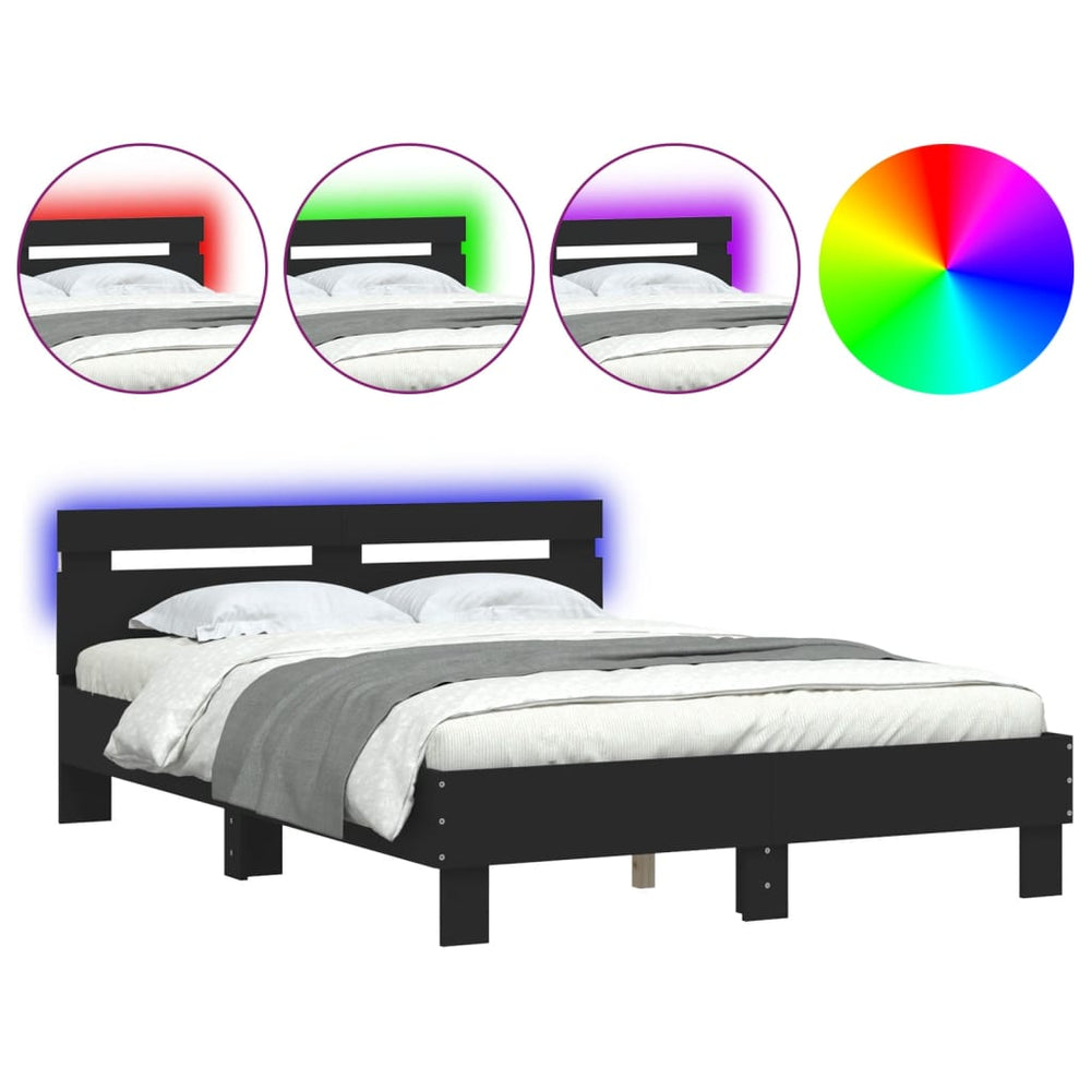 vidaXL Bed Frame with Headboard LED Light Black 135x190 cm