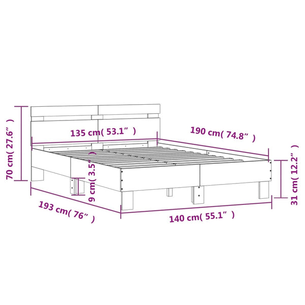 vidaXL Bed Frame with Headboard LED Light Black 135x190 cm
