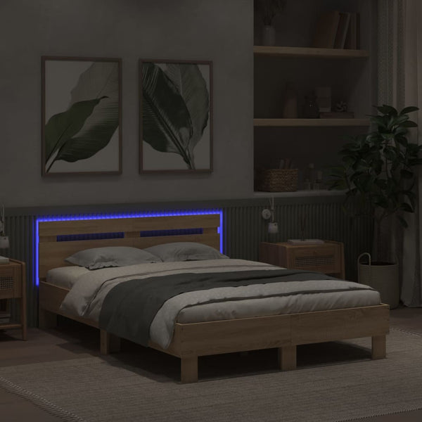 vidaXL Bed Frame with Headboard LED Lighting Sonoma Oak 135x190 cm