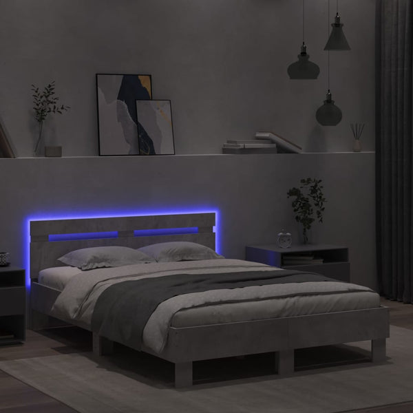 vidaXL Bed Frame with Headboard LED Concrete Gray 135x190 cm