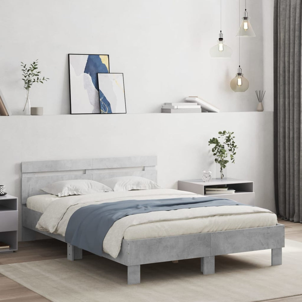 vidaXL Bed Frame with Headboard LED Concrete Gray 135x190 cm