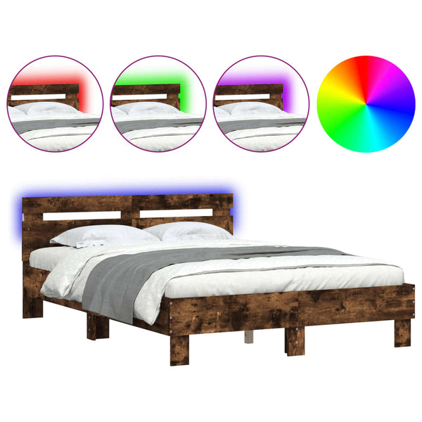 vidaXL Bed Frame with Headboard LED Lighting Smoked Oak 135x190cm