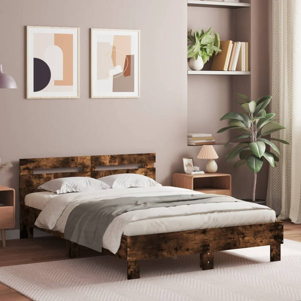vidaXL Bed Frame with Headboard LED Lighting Smoked Oak 135x190cm