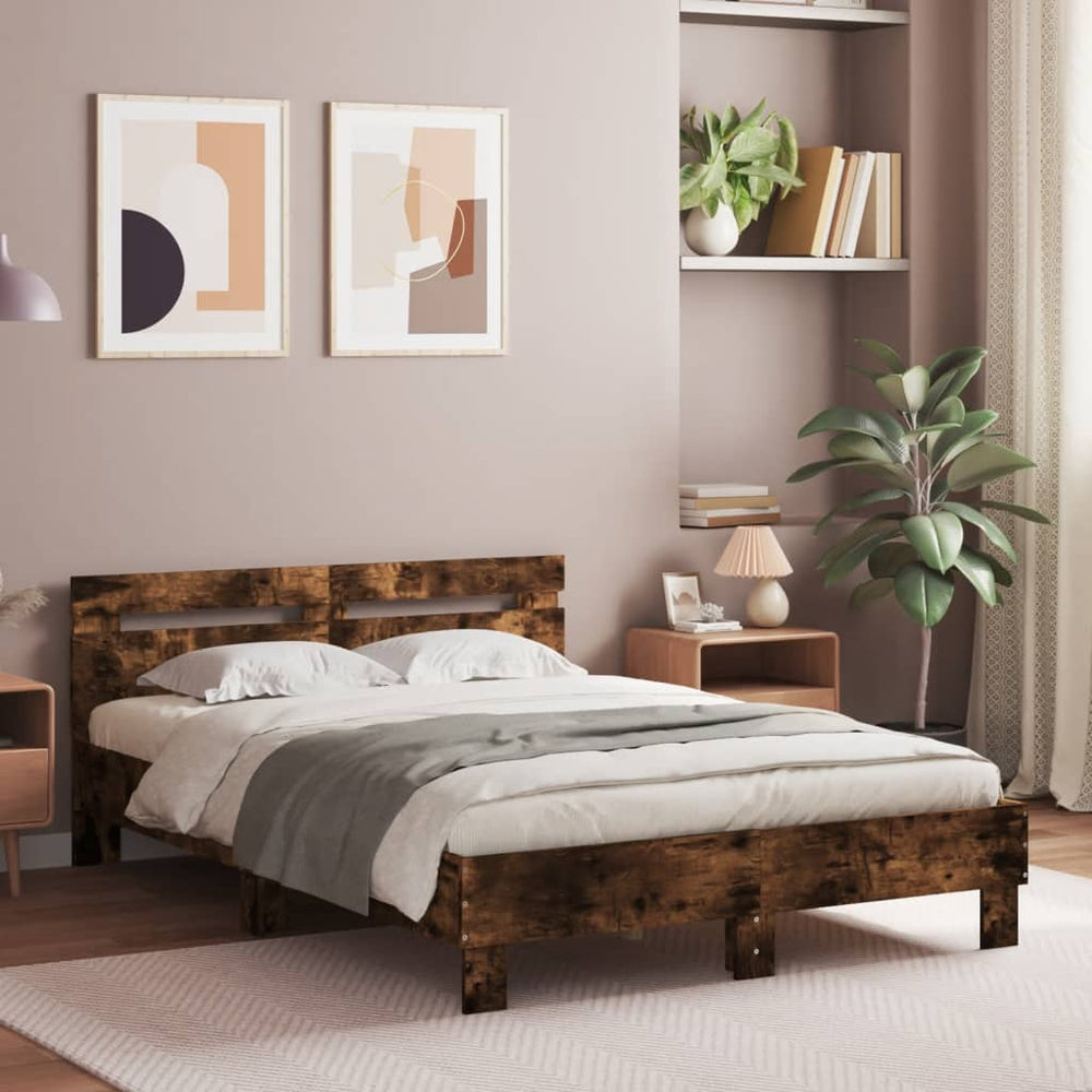 vidaXL Bed Frame with Headboard LED Smoked Oak 120x190cm