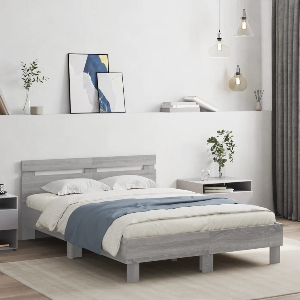 vidaXL Bed Frame with Headboard LED Lighting Gray Sonoma 120x190 cm