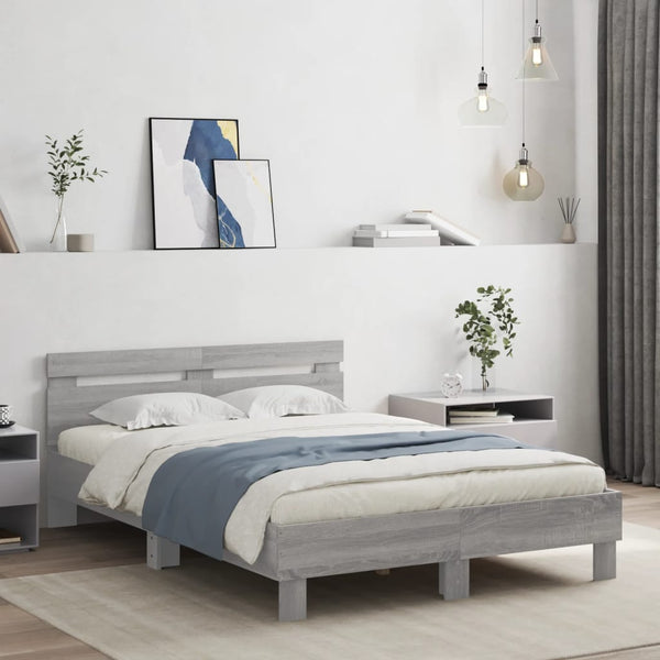 vidaXL Bed Frame with Headboard LED Lighting Gray Sonoma 120x190 cm
