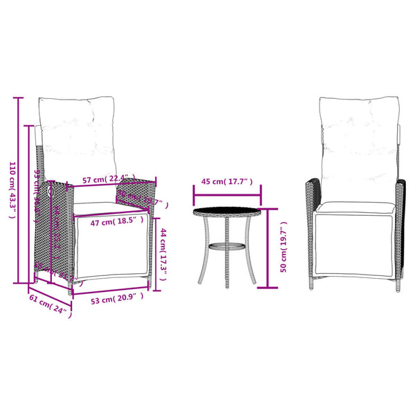 3-tlg. Poly Rattan Bistro-Set mit Kissen, Beige