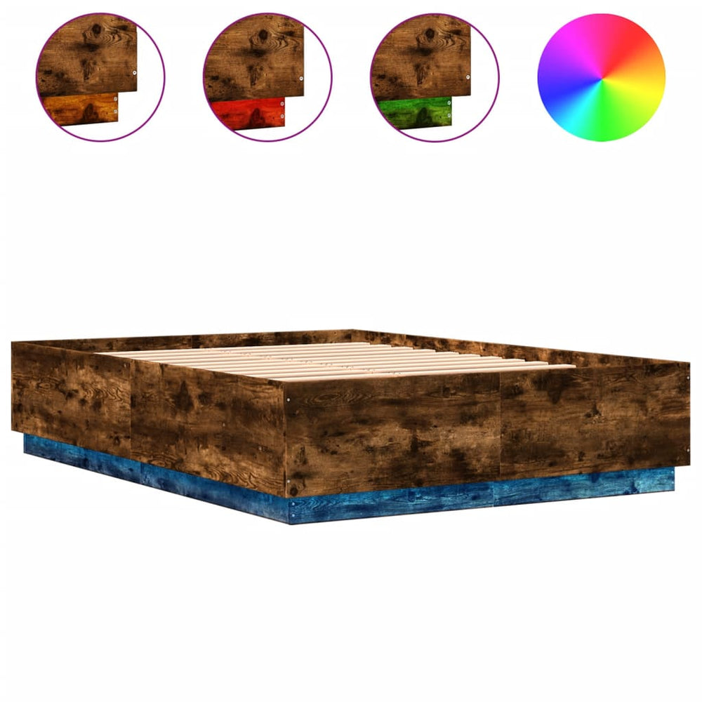 vidaXL Bed Frame with LED Smoked Oak 150x200 cm Engineered Wood