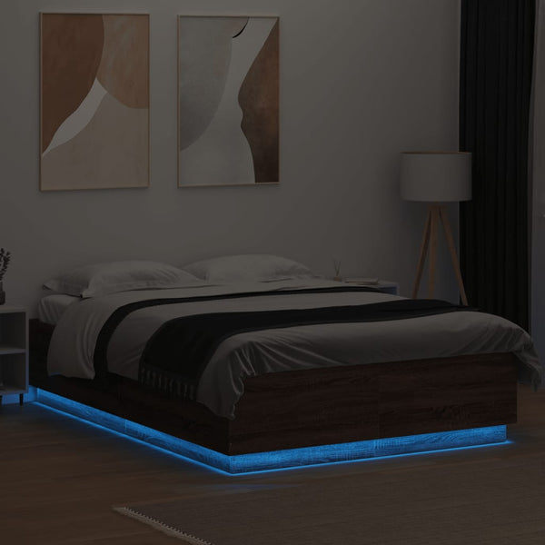vidaXL Bed Frame with LED Brown Oak-Look 150x200 cm Engineered Wood