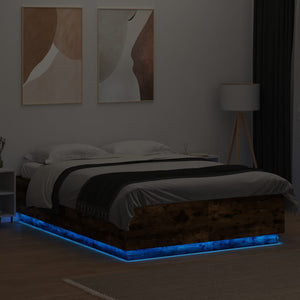 vidaXL Bed Frame with LED Smoked Oak 140x200 cm Engineered Wood