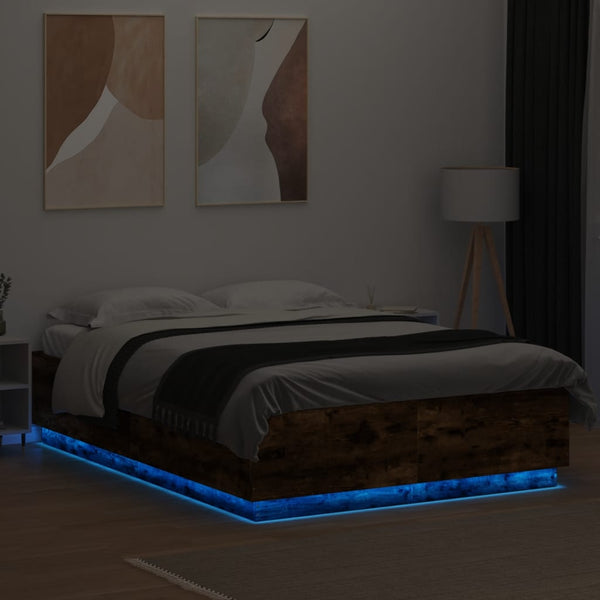 vidaXL Bed Frame with LED Smoked Oak 140x200 cm Engineered Wood