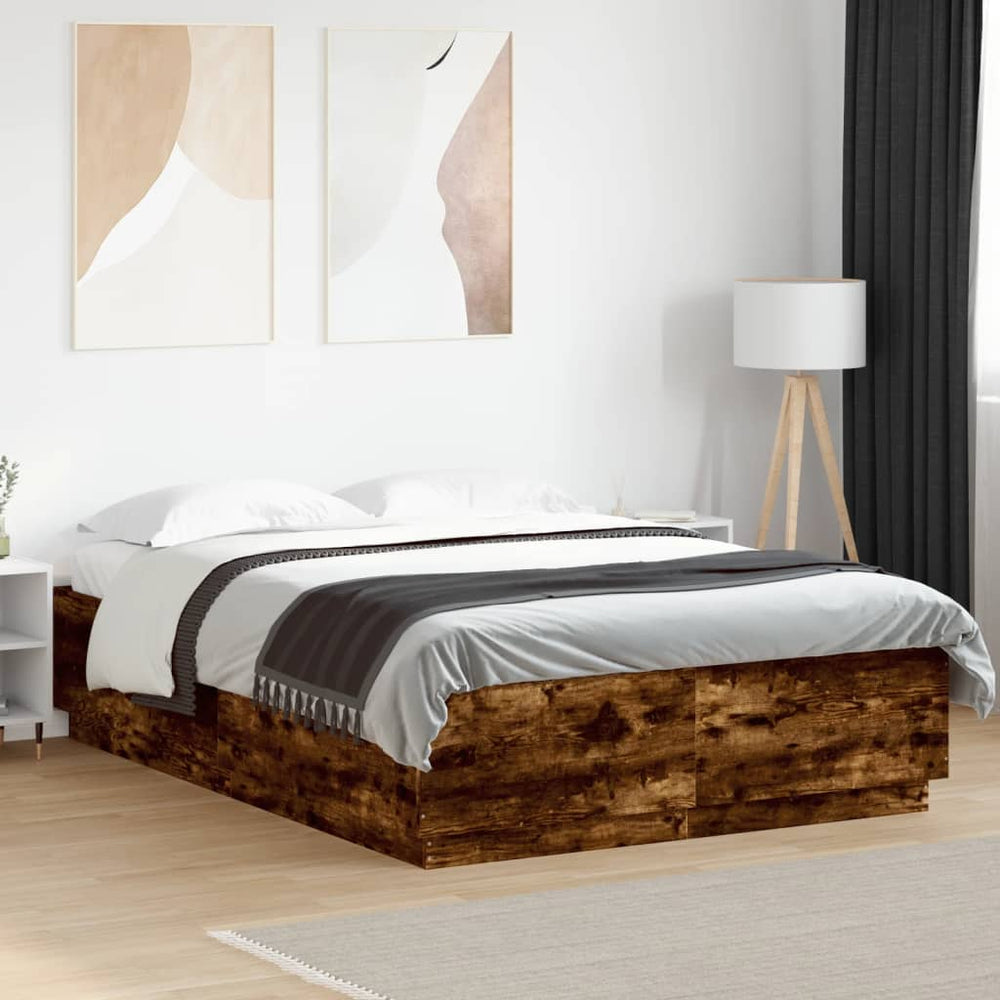 vidaXL Bed Frame with LED Smoked Oak 140x200 cm Engineered Wood