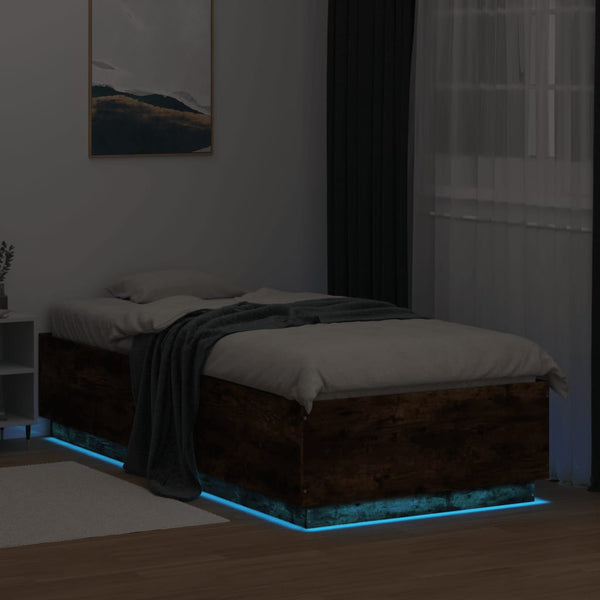 vidaXL Bed Frame with LED Smoked Oak 90x200 cm Engineered Wood