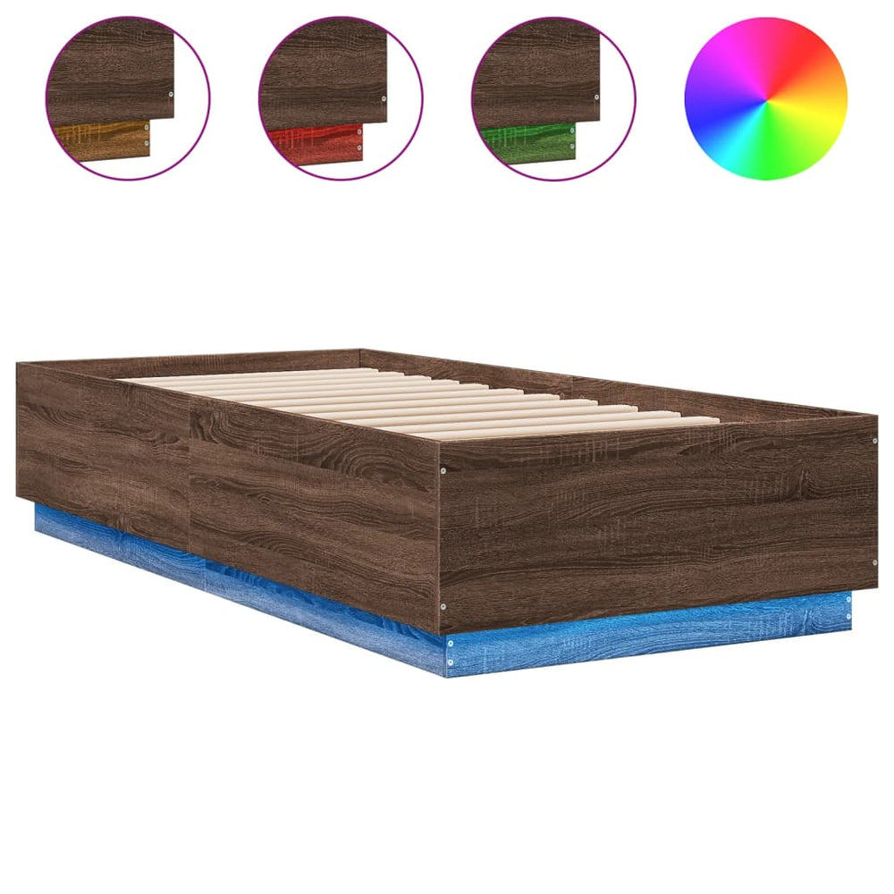 vidaXL Bed Frame with LED Brown Oak Effect 90x200 cm Engineered Wood