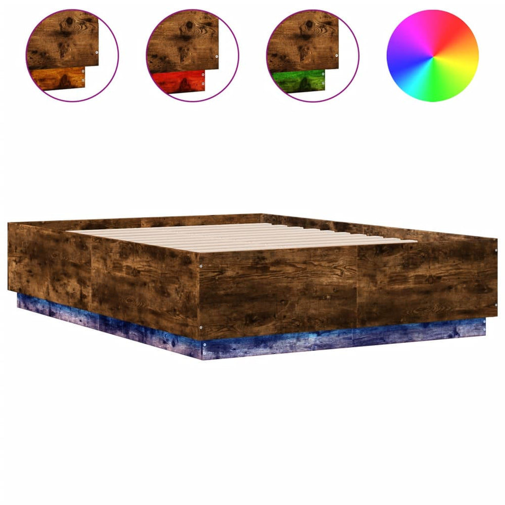 vidaXL Bed Frame with LED Smoked Oak 140x190 cm Engineered Wood