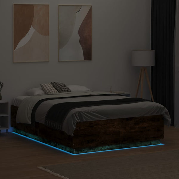 vidaXL Bed Frame with LED Smoked Oak 140x190 cm Engineered Wood