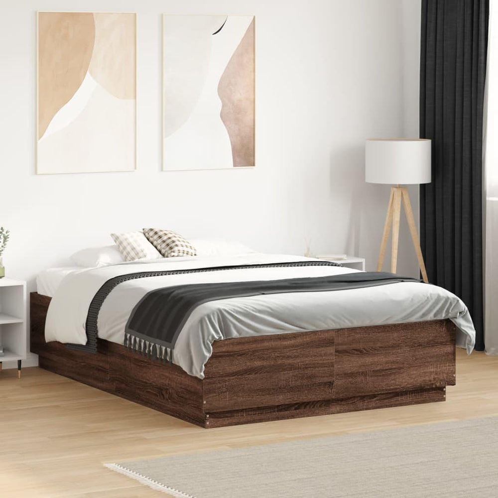 vidaXL LED Bed Frame Brown Oak-Effect 140x190 cm Engineered Wood