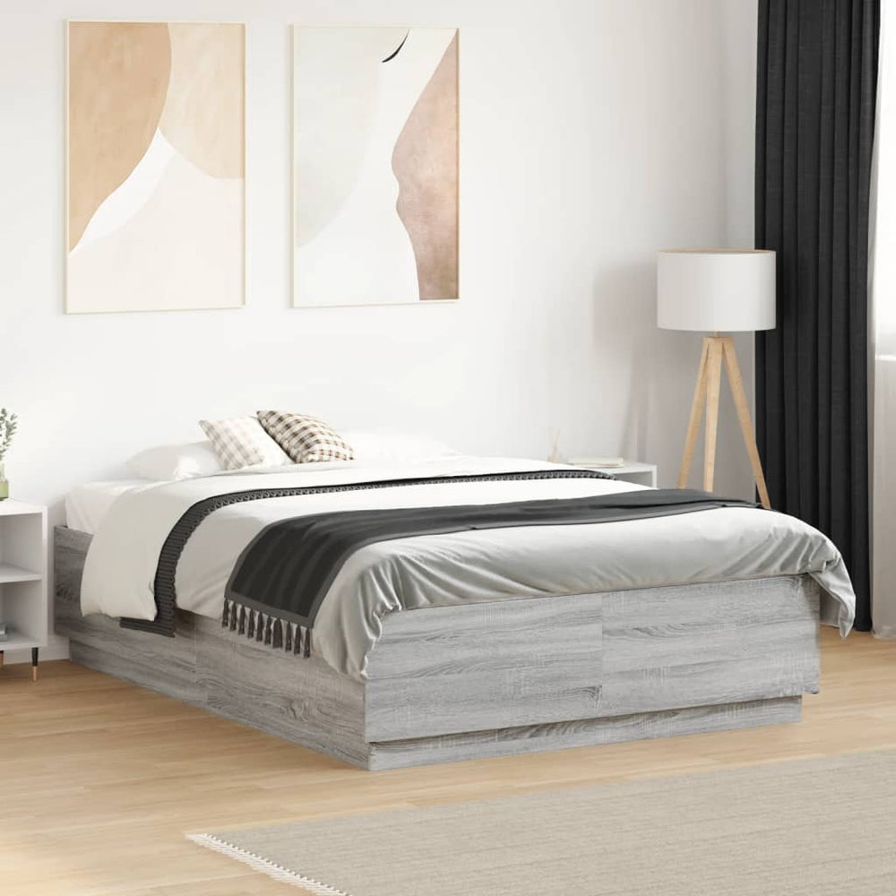 vidaXL LED Bed Frame Gray Sonoma 135x190 cm Engineered Wood