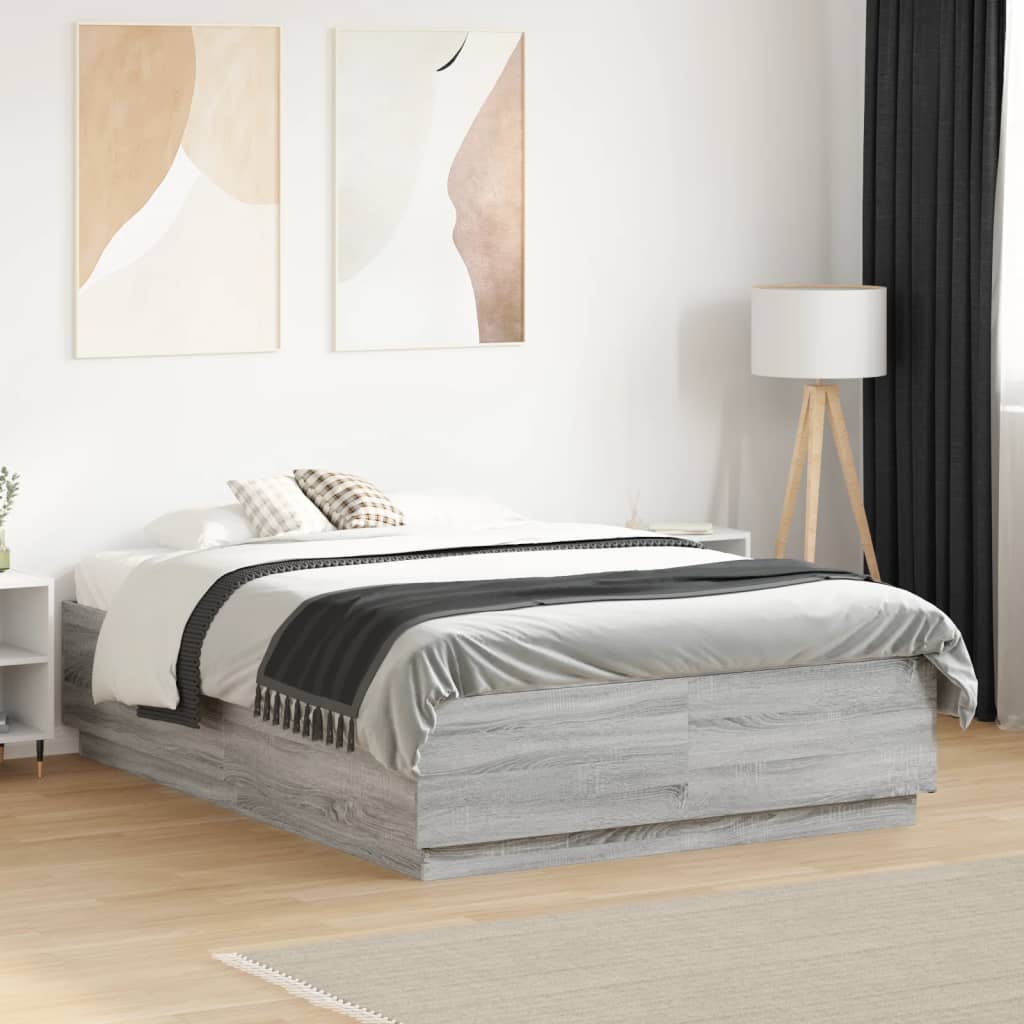 vidaXL LED Bed Frame Gray Sonoma 135x190 cm Engineered Wood