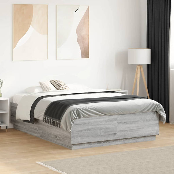 vidaXL LED Bed Frame Gray Sonoma 135x190 cm Engineered Wood