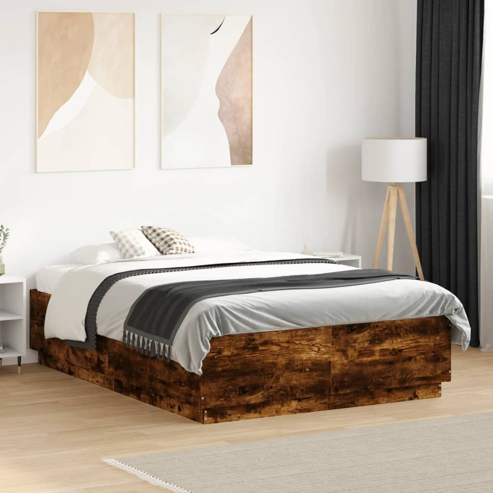 vidaXL Bed Frame with LED Smoked Oak 120x190 cm Engineered Wood