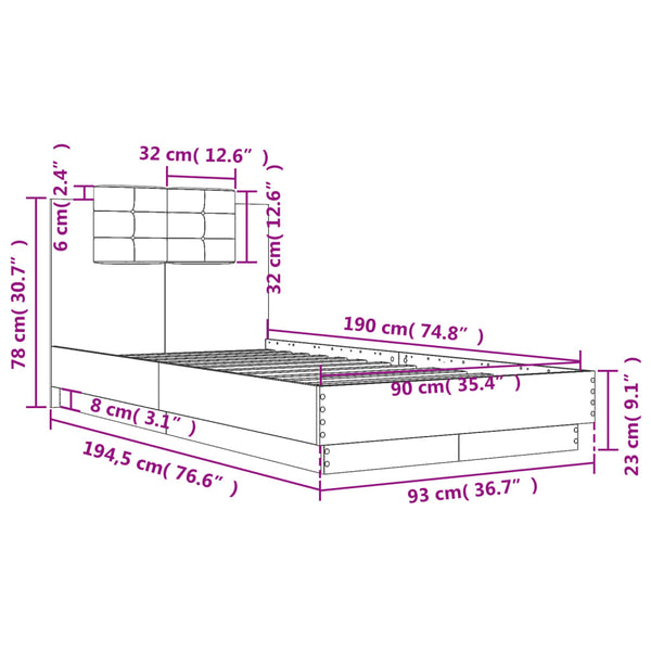 vidaXL Bed Frame with Headboard Brown Oak Effect 90x190 cm