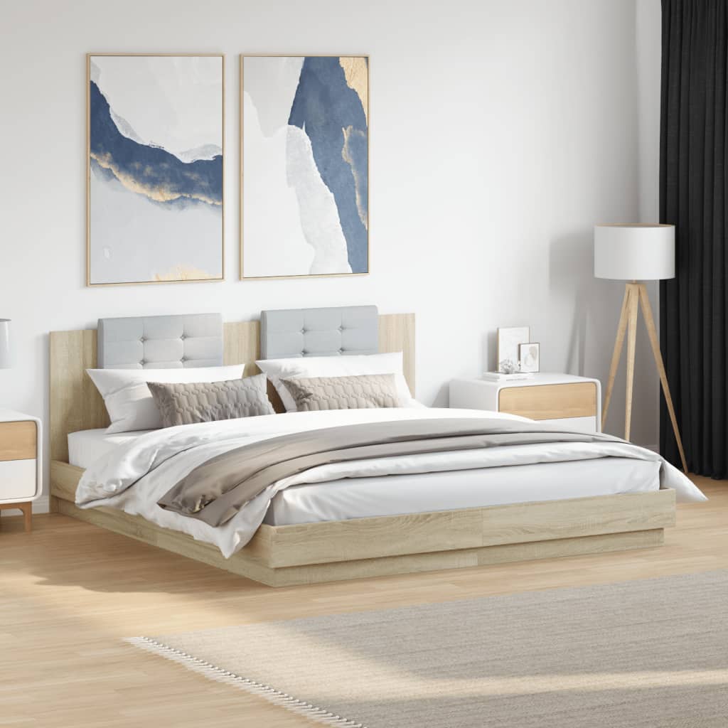 vidaXL Bed Frame with Headboard & LED Lights Sonoma Oak 200x200 cm