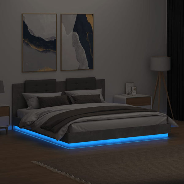 vidaXL Bed Frame with Headboard and LED Lights Concrete Grey 200x200 cm