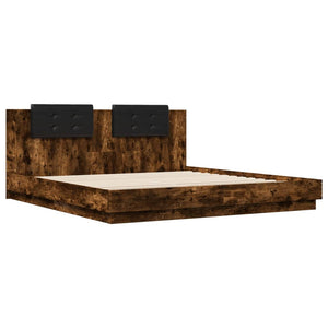 vidaXL Bed Frame with Headboard & LED Lights Smoked Oak 200x200 cm